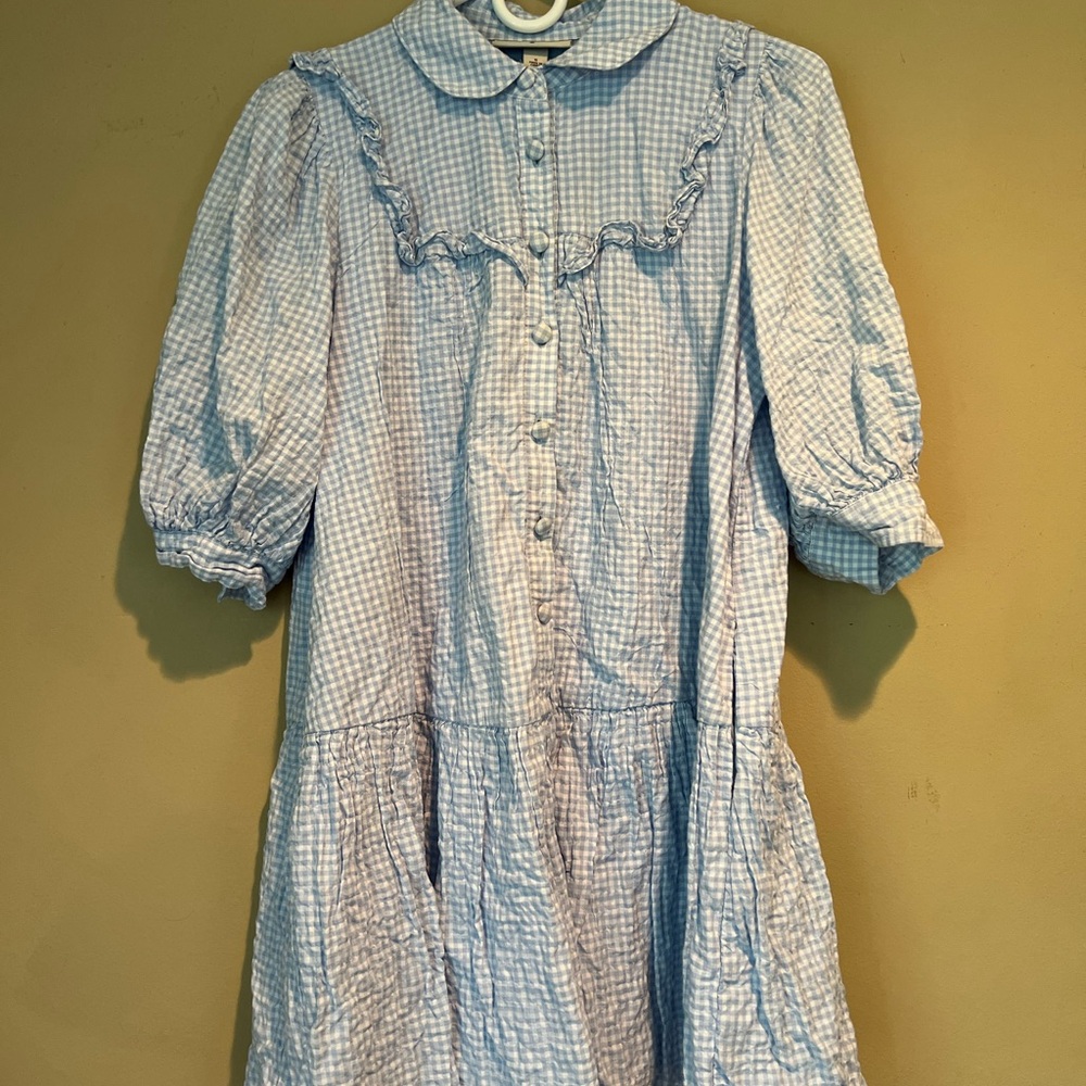 Blue Pleated Puff Sleeve Dress